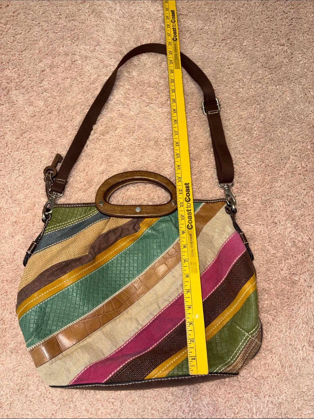 Fossil Kristy II patchwork hobo bag leather, suede, canvas wood handle crossbod - Picture 8 of 17